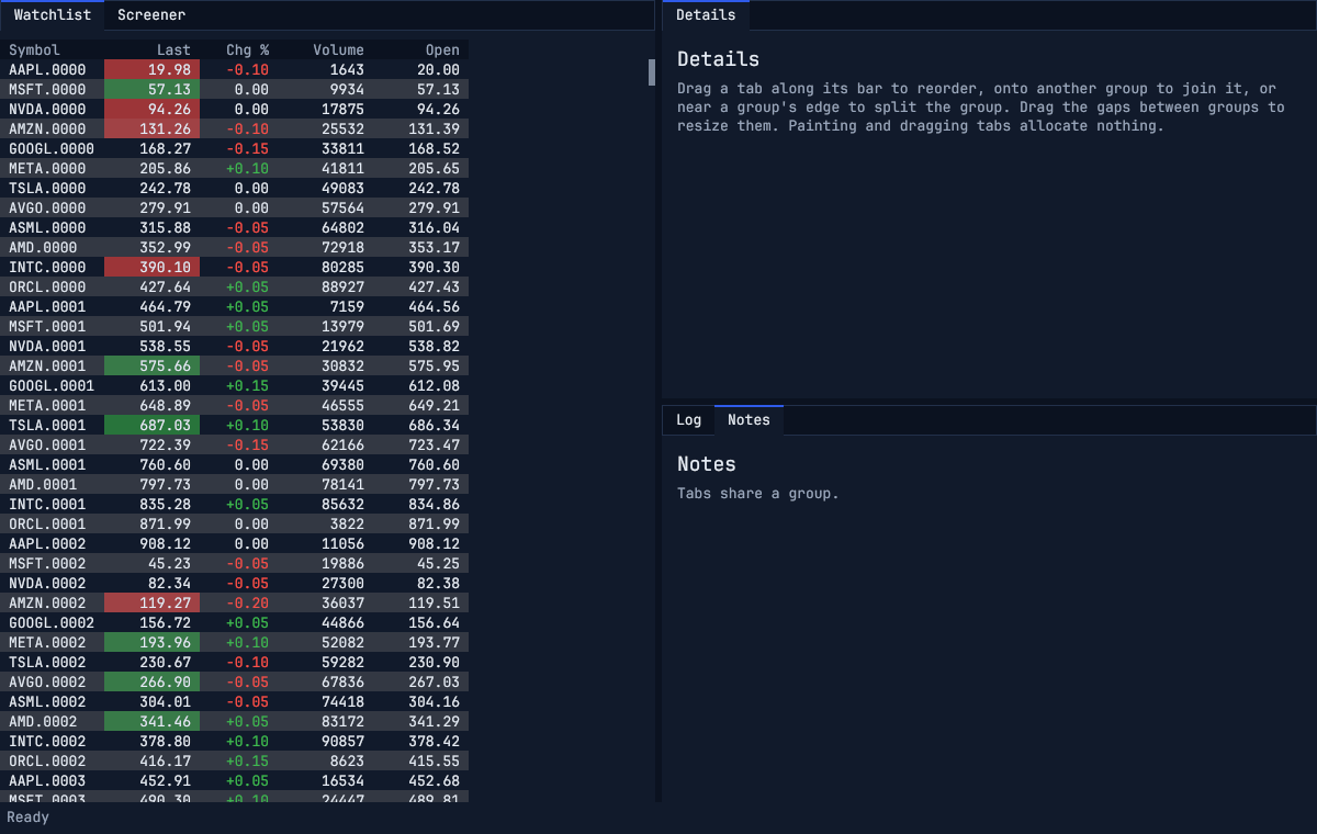 A docking workspace: a watchlist beside a details pane above log and notes tabs, with a dragged tab's drop preview over the right half of the log and notes group