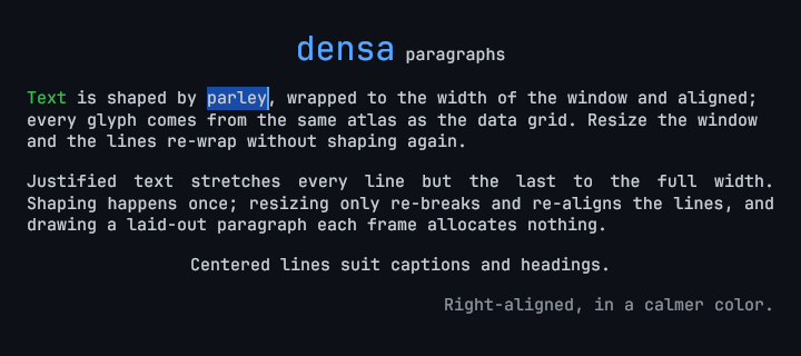 Wrapped, justified, centered and right-aligned paragraphs with the word parley selected